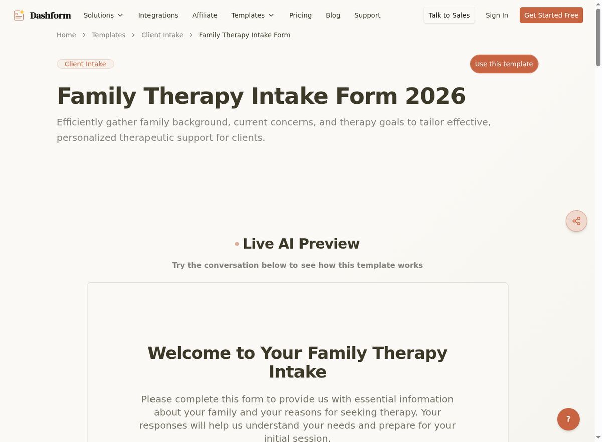 Dashform Family Therapy Intake Form template page screenshot