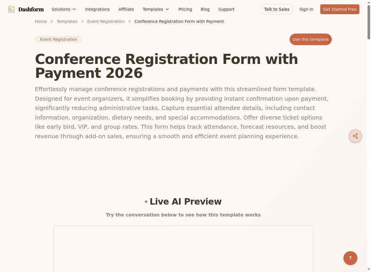 Dashform Conference Registration Form with Payment template page screenshot