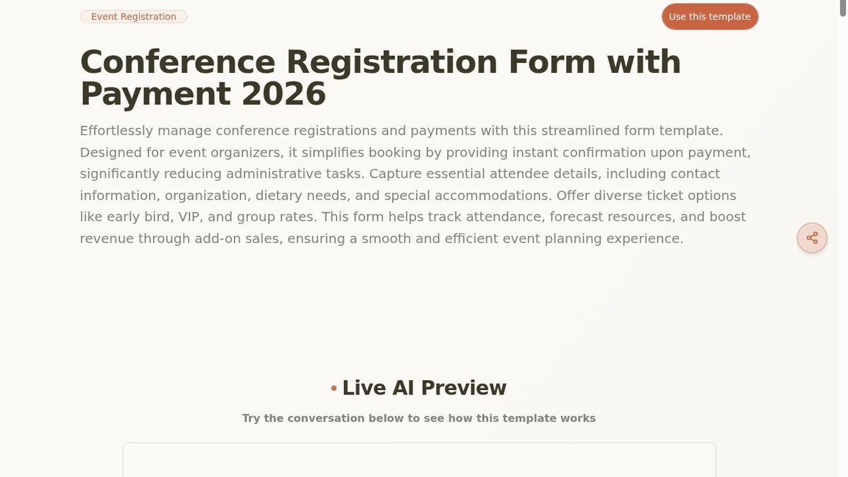 Dashform Conference Registration Form with Payment template page screenshot
