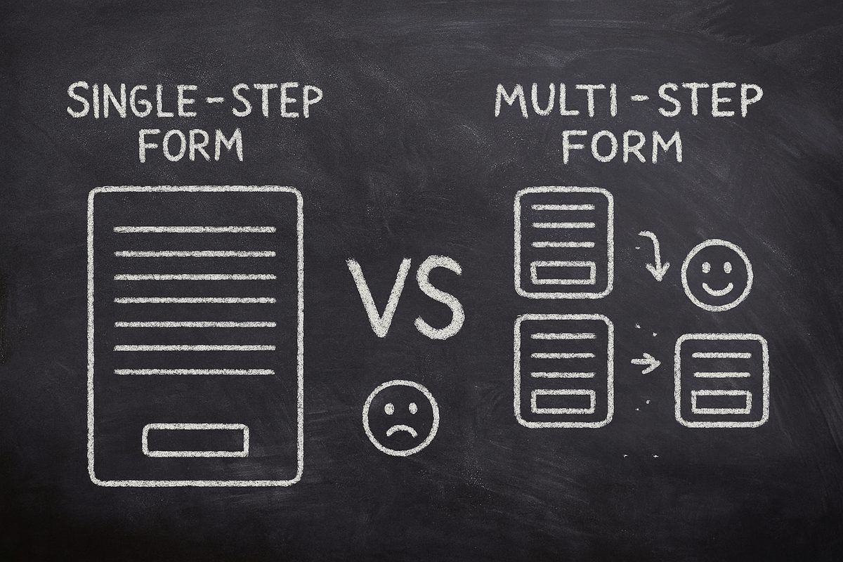 Chalkboard illustration comparing single-step forms vs multi-step forms showing conversion differences