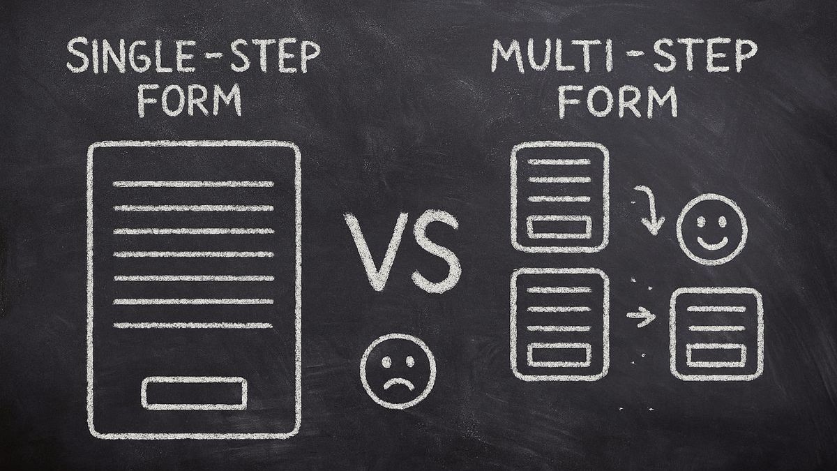 Chalkboard illustration comparing single-step forms vs multi-step forms showing conversion differences