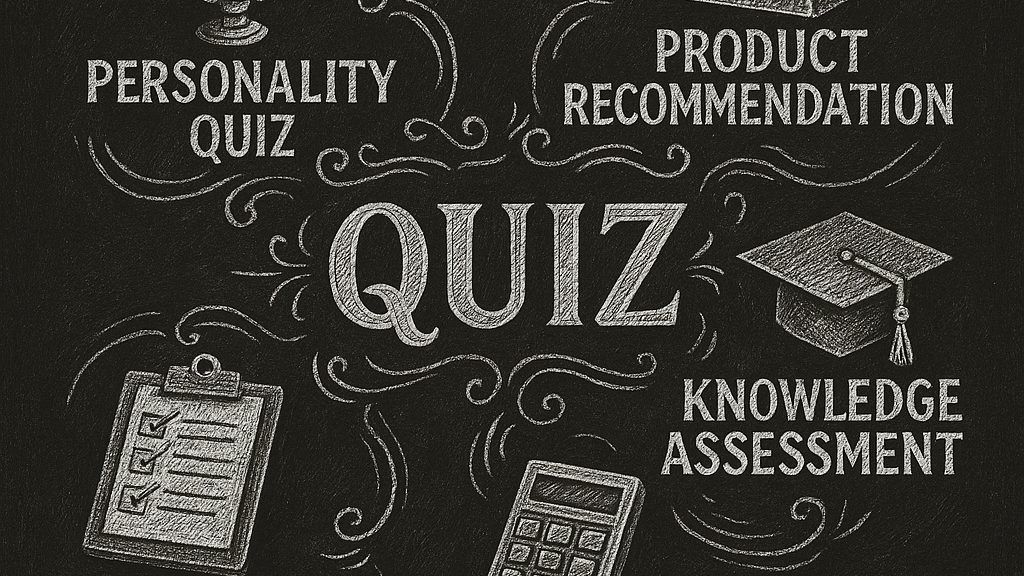 Chalkboard illustration showing 5 types of lead generation quizzes: Personality, Product Recommendation, Knowledge Assessment, ROI Calculator, and Scored Assessment