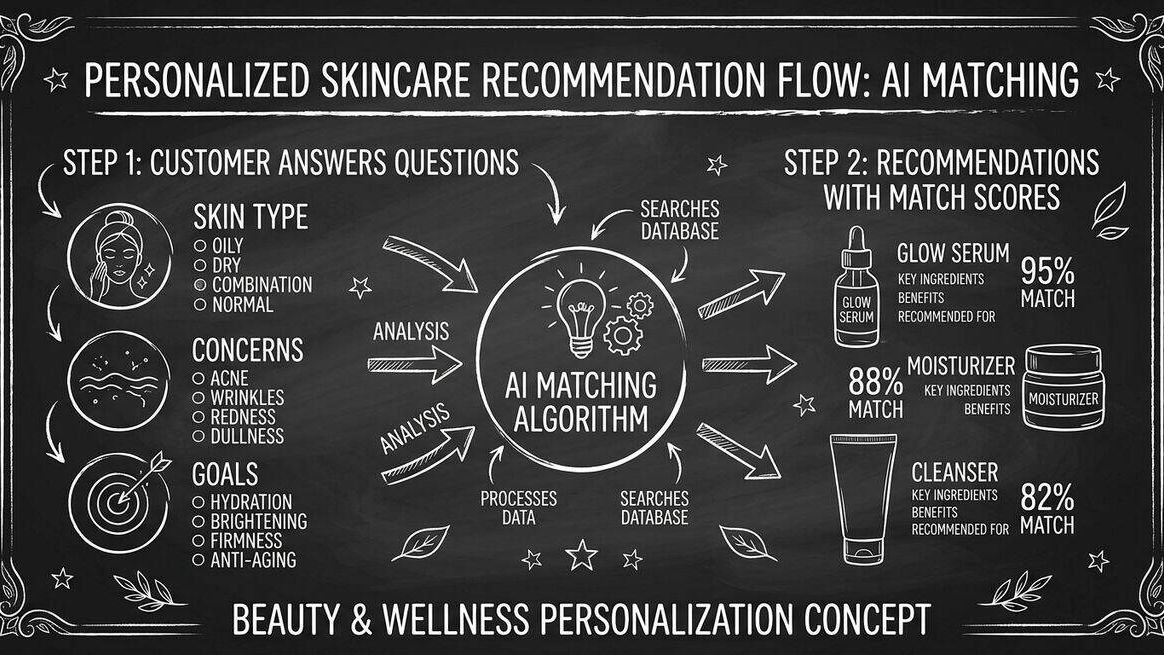 Skincare product recommendation flow showing customer answers matched to specific products with scores