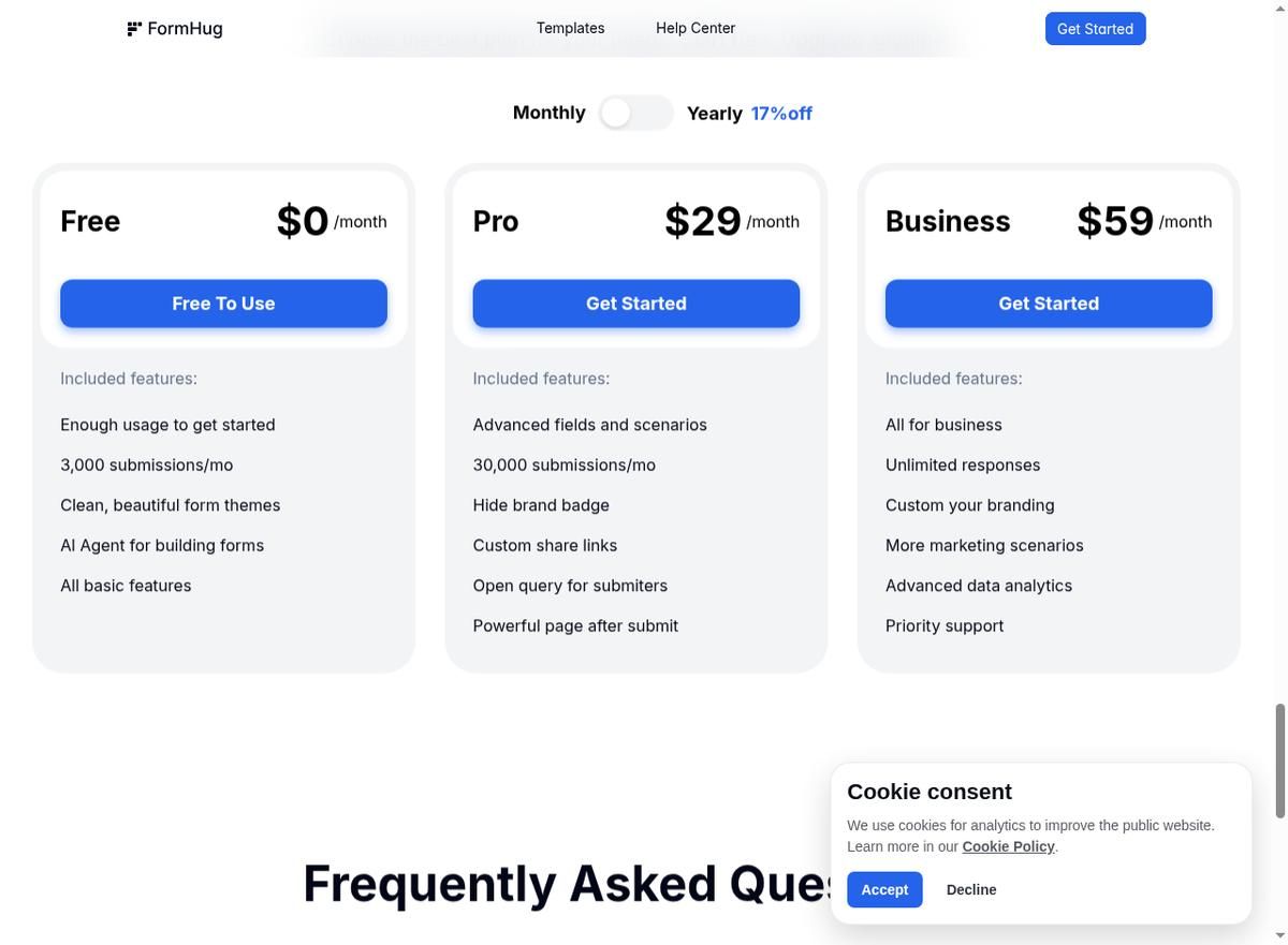 FormHug pricing plans comparison