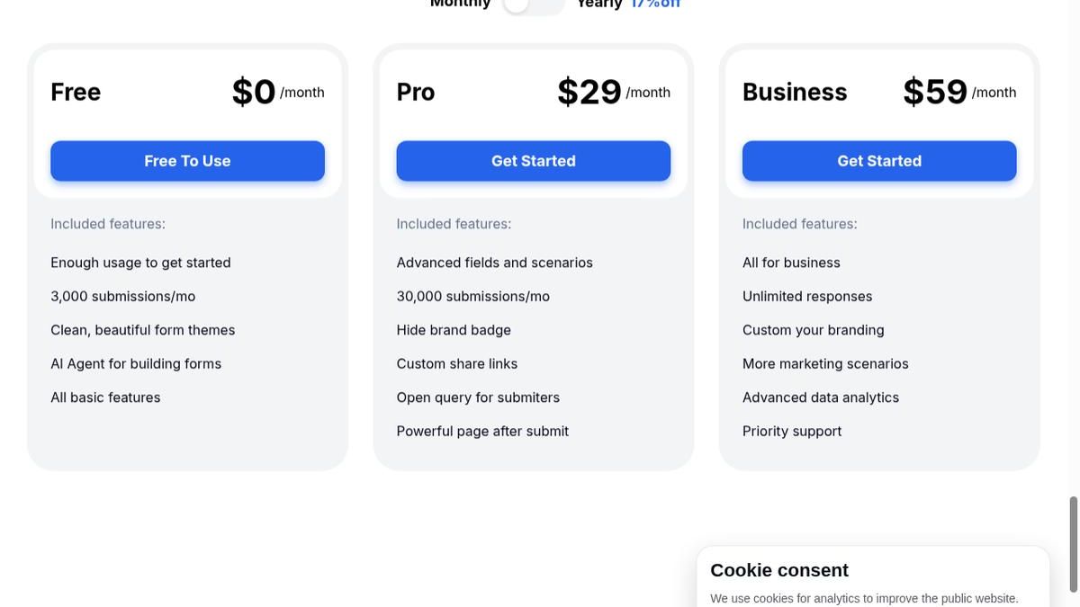 FormHug pricing plans comparison