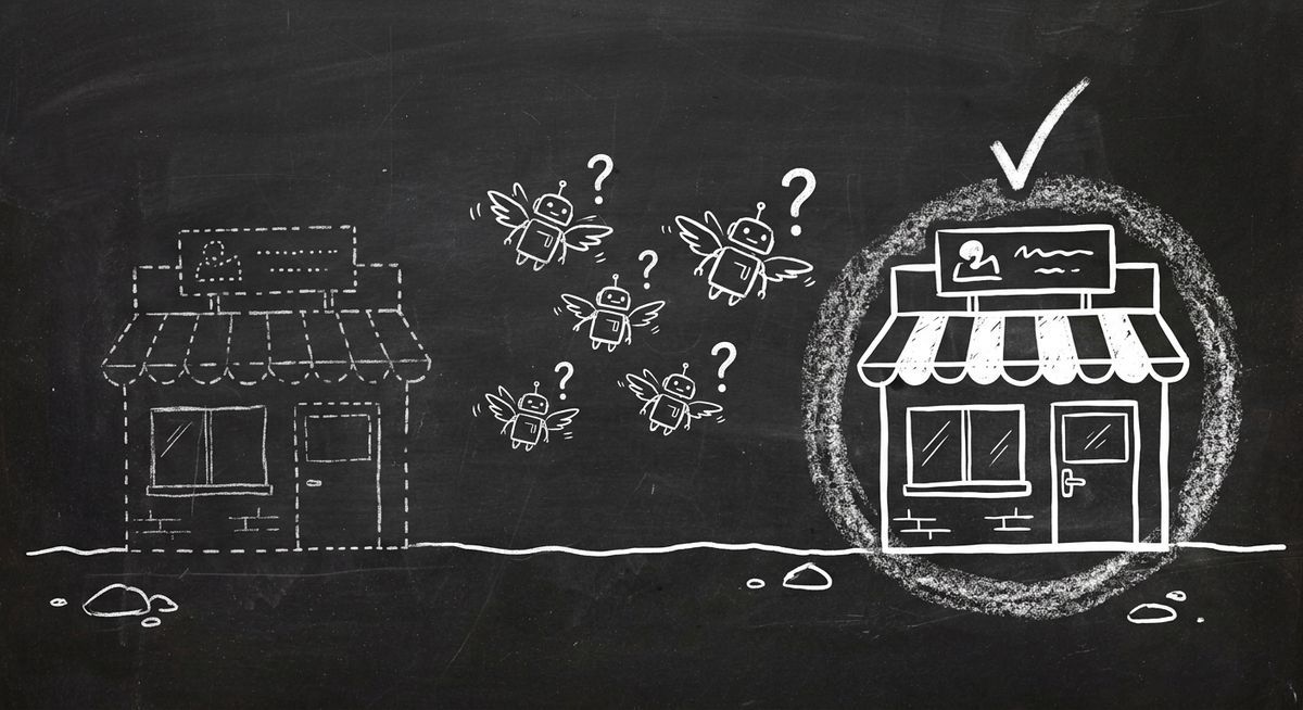 Chalkboard sketch showing businesses invisible to AI agents while discoverable businesses get bookings