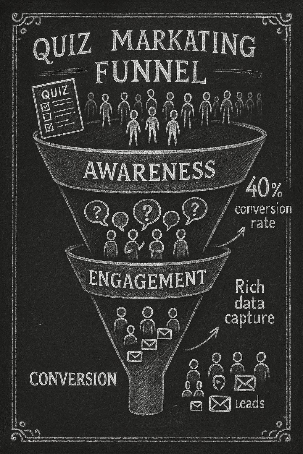 Chalkboard illustration showing quiz marketing funnel with Awareness, Engagement, and Conversion stages