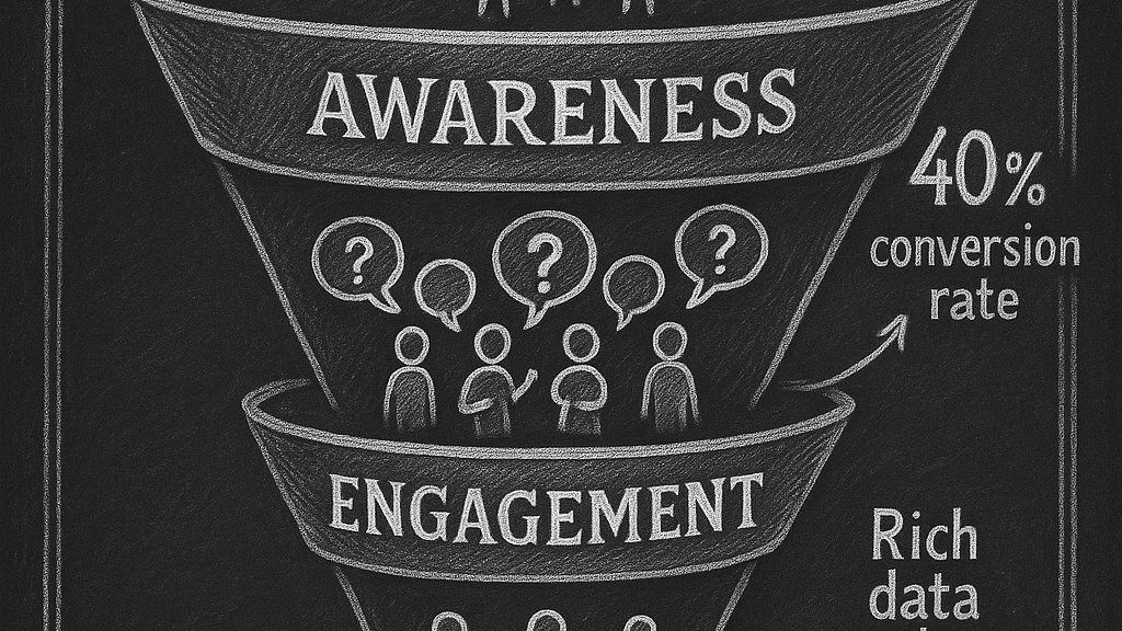 Chalkboard illustration showing quiz marketing funnel with Awareness, Engagement, and Conversion stages