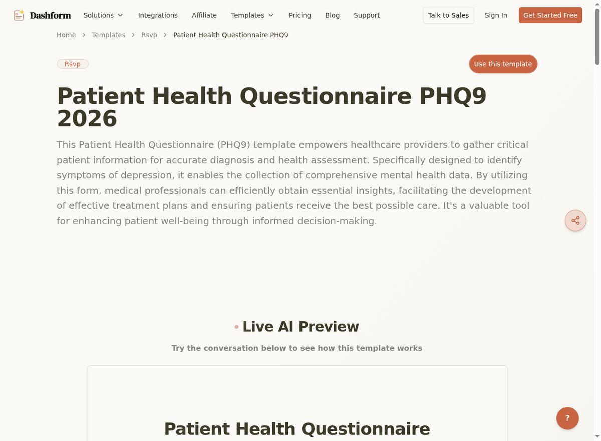 Dashform Patient Health Questionnaire (PHQ-9) template page screenshot