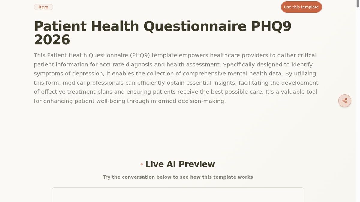 Dashform Patient Health Questionnaire (PHQ-9) template page screenshot