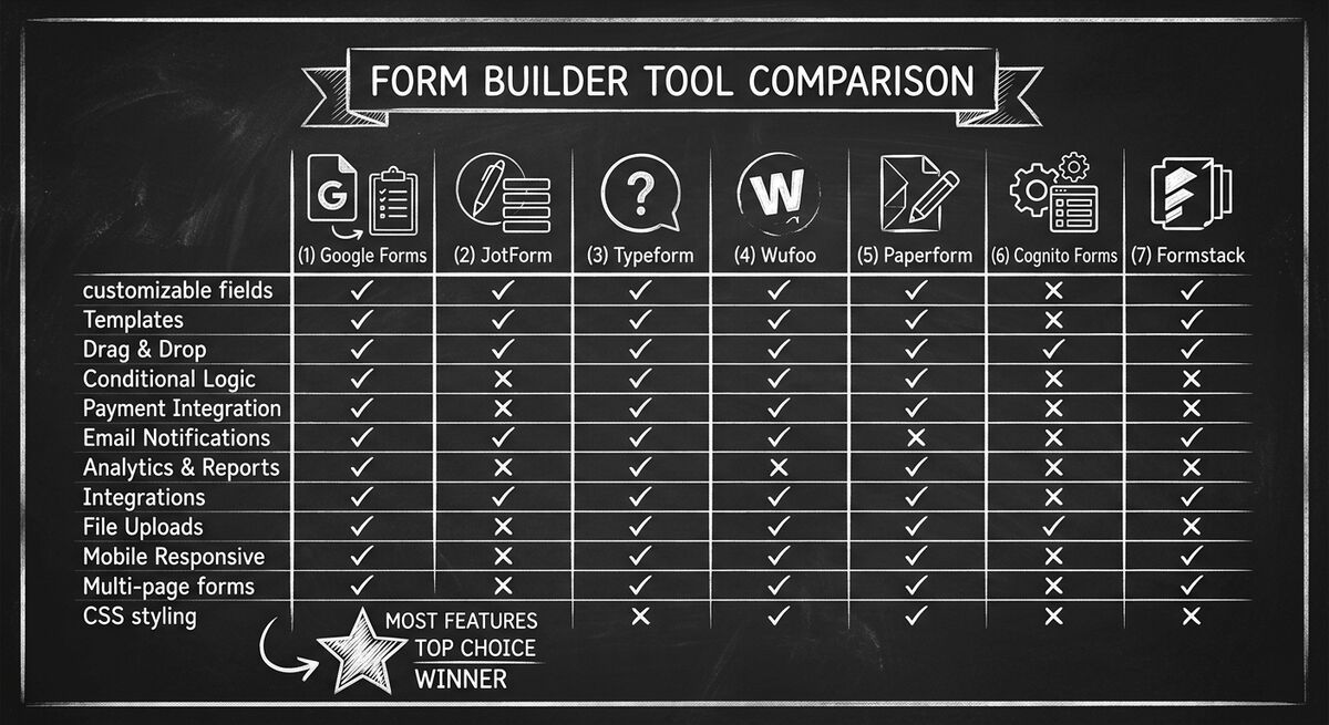 Comparison grid of seven form builder tools with feature checkmarks and capability ratings