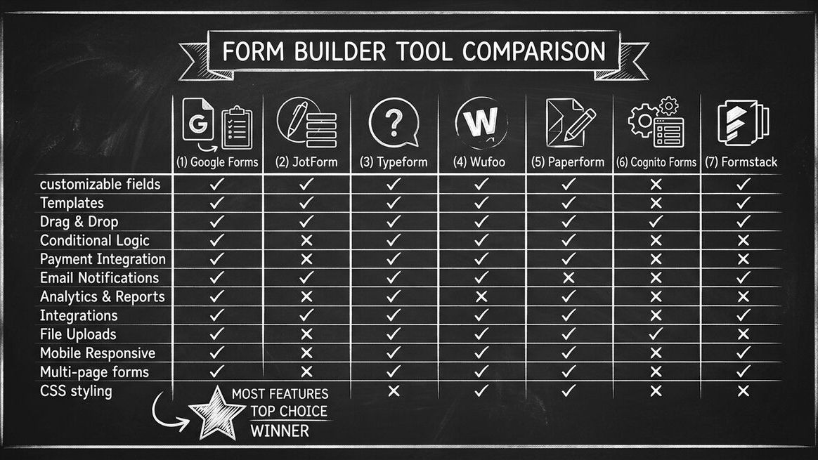 Comparison grid of seven form builder tools with feature checkmarks and capability ratings