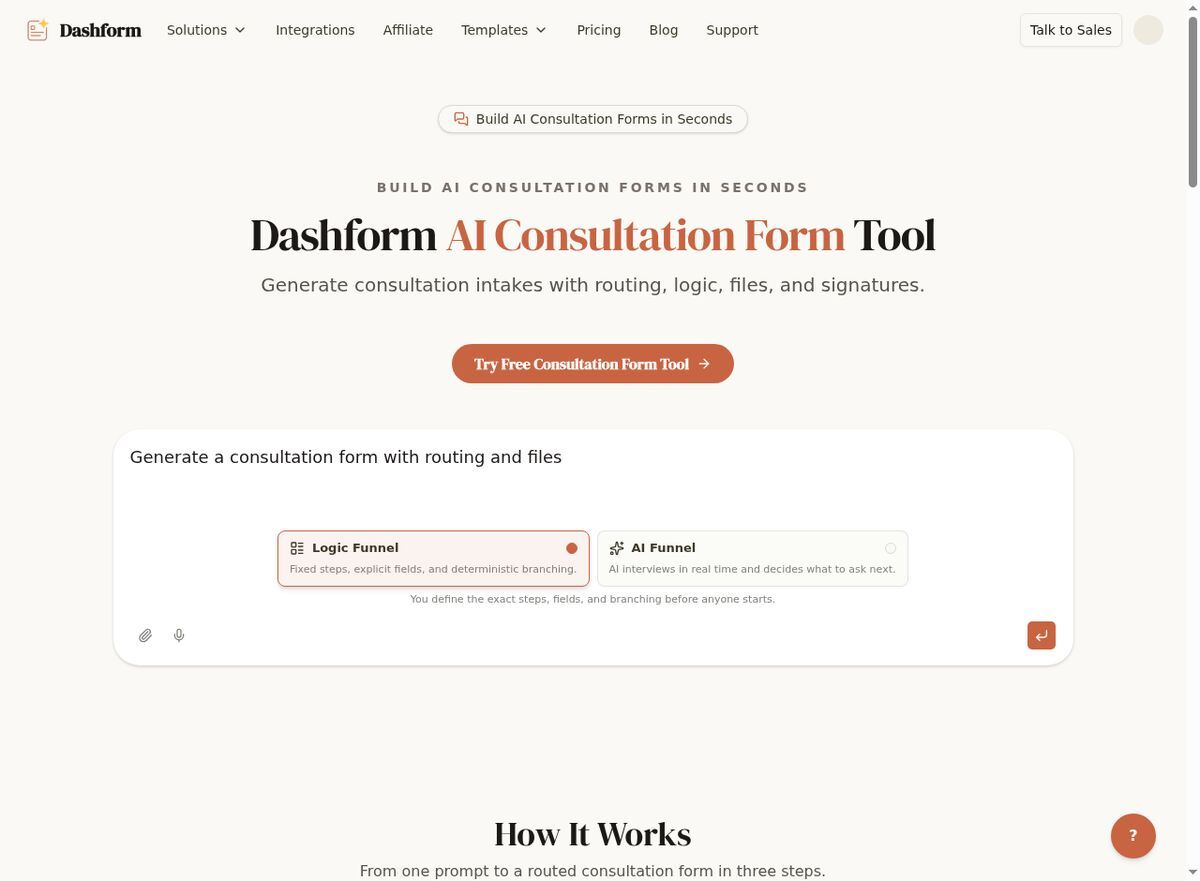 Dashform AI Consultation Form Tool interface for creating pre-meeting preparation questionnaires for legal consultations