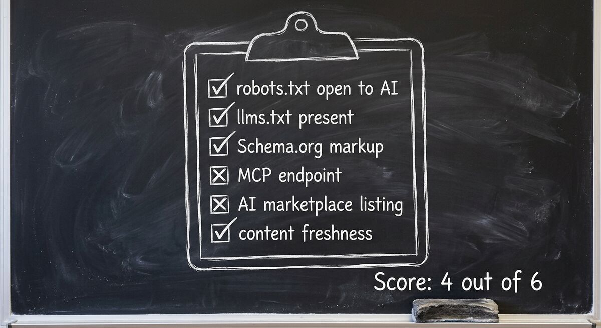AI visibility checklist showing 6 audit dimensions with pass/fail marks