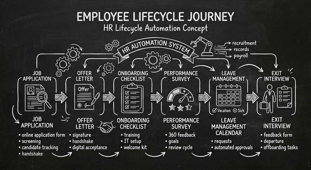 Employee lifecycle journey from application through onboarding, surveys, leave management, and exit