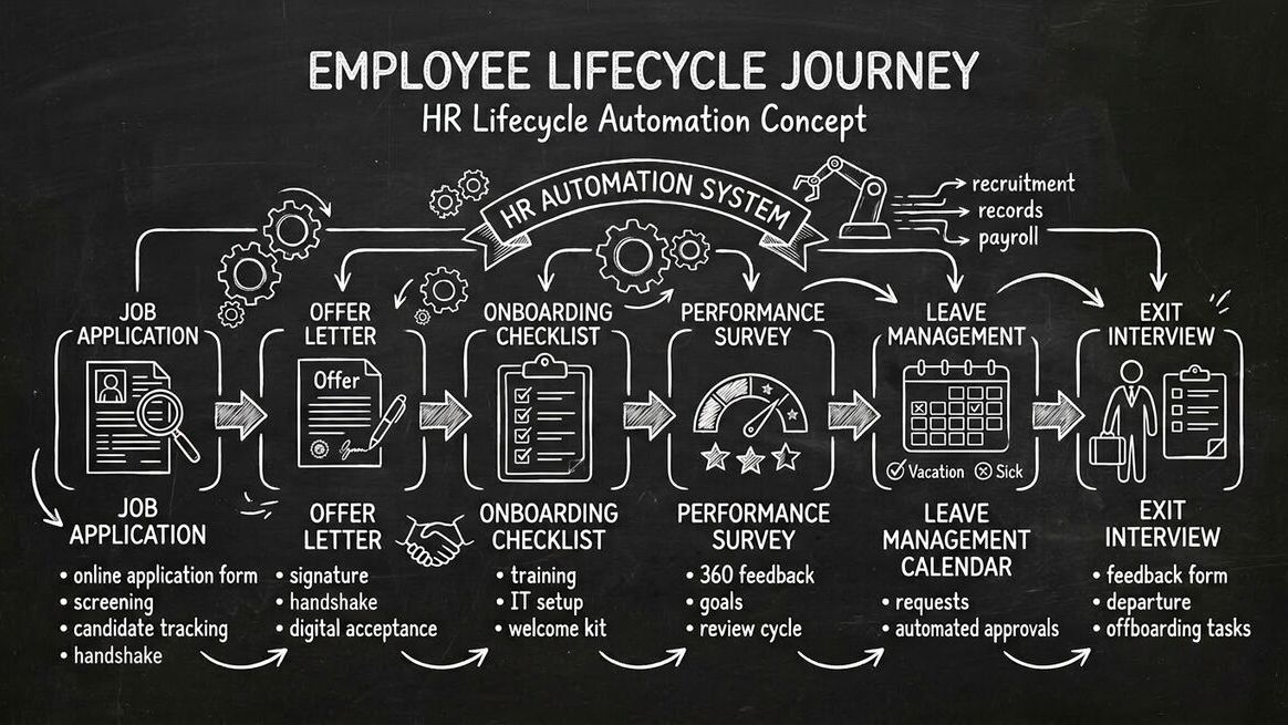 Employee lifecycle journey from application through onboarding, surveys, leave management, and exit