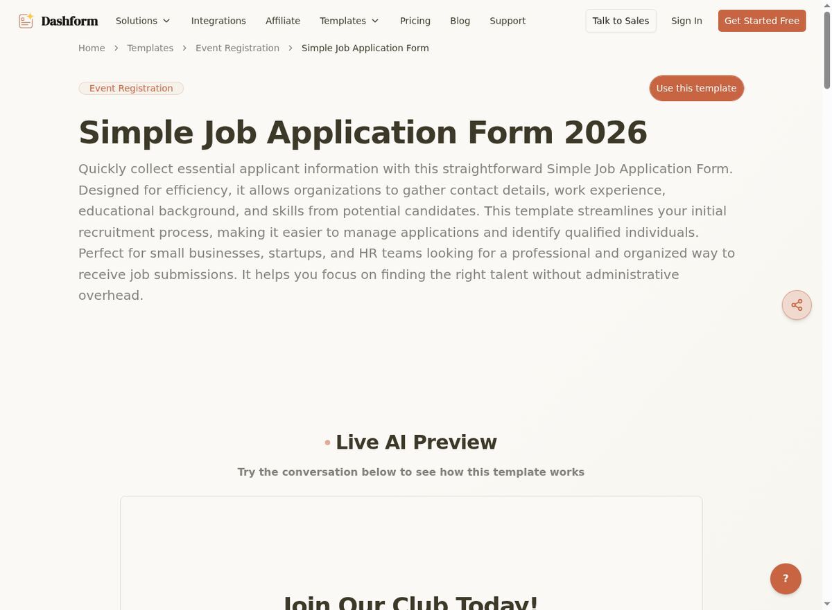 Dashform Job Application Form template page screenshot
