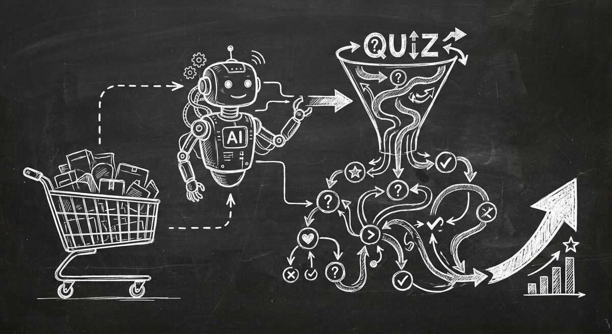 Chalkboard sketch of e-commerce AI automation with OpenClaw agent and Dashform product quiz funnel