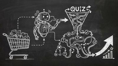 Chalkboard sketch of e-commerce AI automation with OpenClaw agent and Dashform product quiz funnel