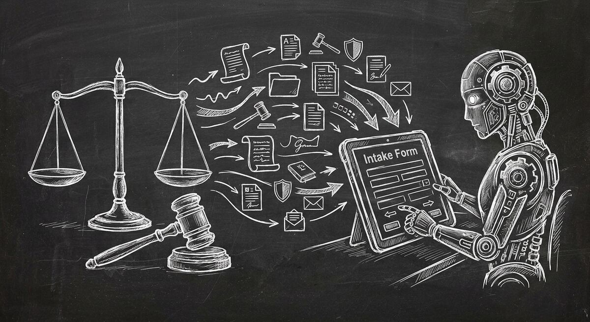 Chalkboard sketch of law firm AI intake with OpenClaw agent and Dashform case evaluation quiz