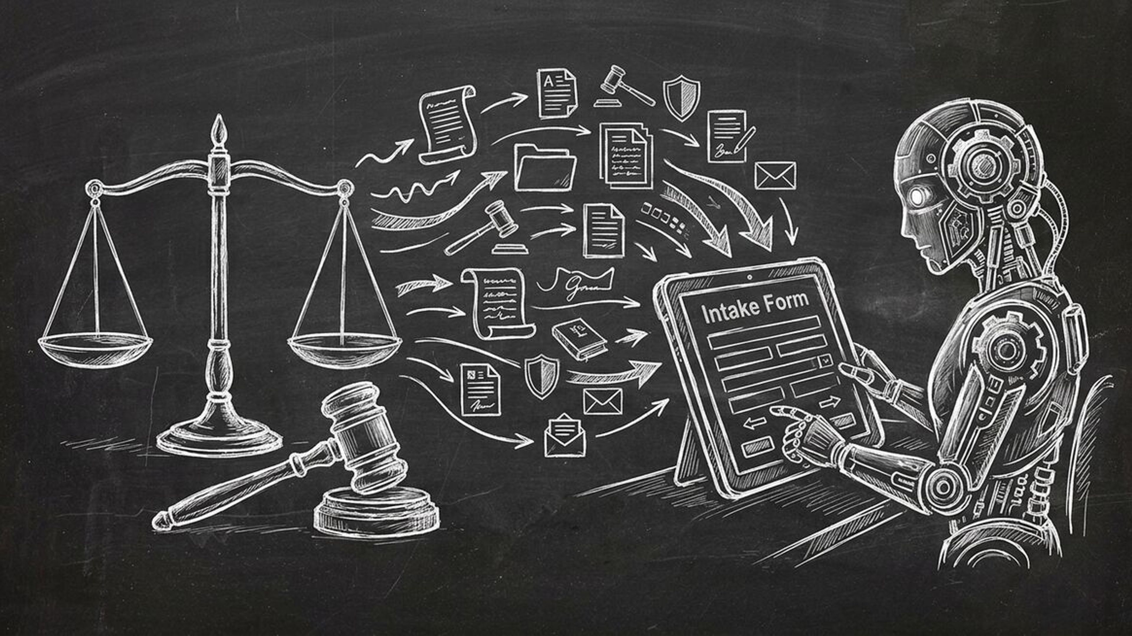 Chalkboard sketch of law firm AI intake with OpenClaw agent and Dashform case evaluation quiz
