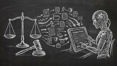 Chalkboard sketch of law firm AI intake with OpenClaw agent and Dashform case evaluation quiz