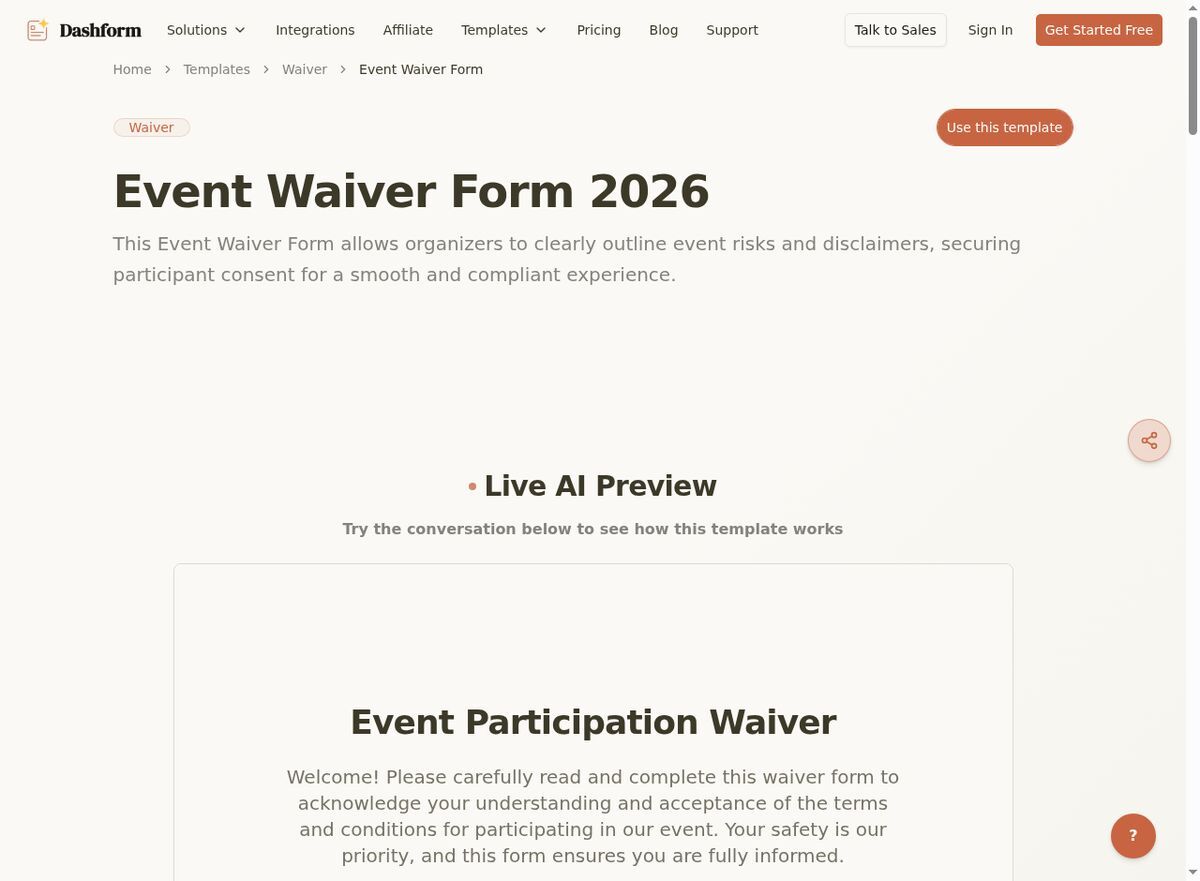 Dashform Event Waiver Form template page screenshot