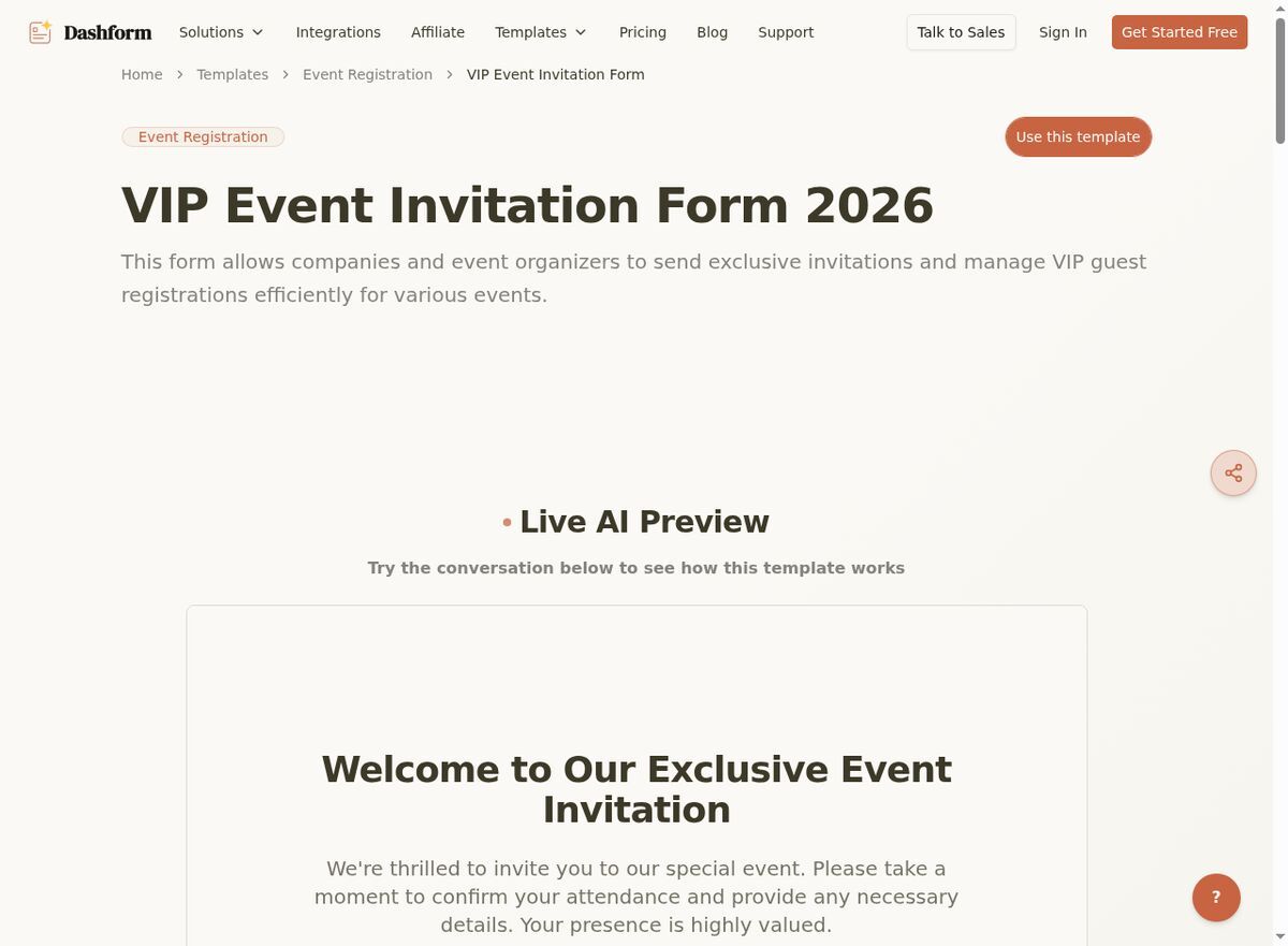 Dashform VIP Event Invitation Form template page screenshot