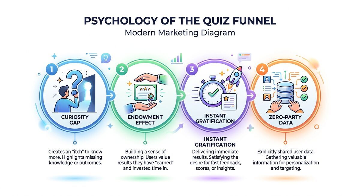 Quiz funnel psychology diagram showing curiosity gap, endowment effect, instant gratification, and zero-party data