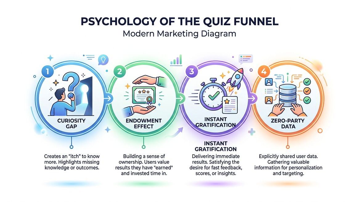 Quiz funnel psychology diagram showing curiosity gap, endowment effect, instant gratification, and zero-party data