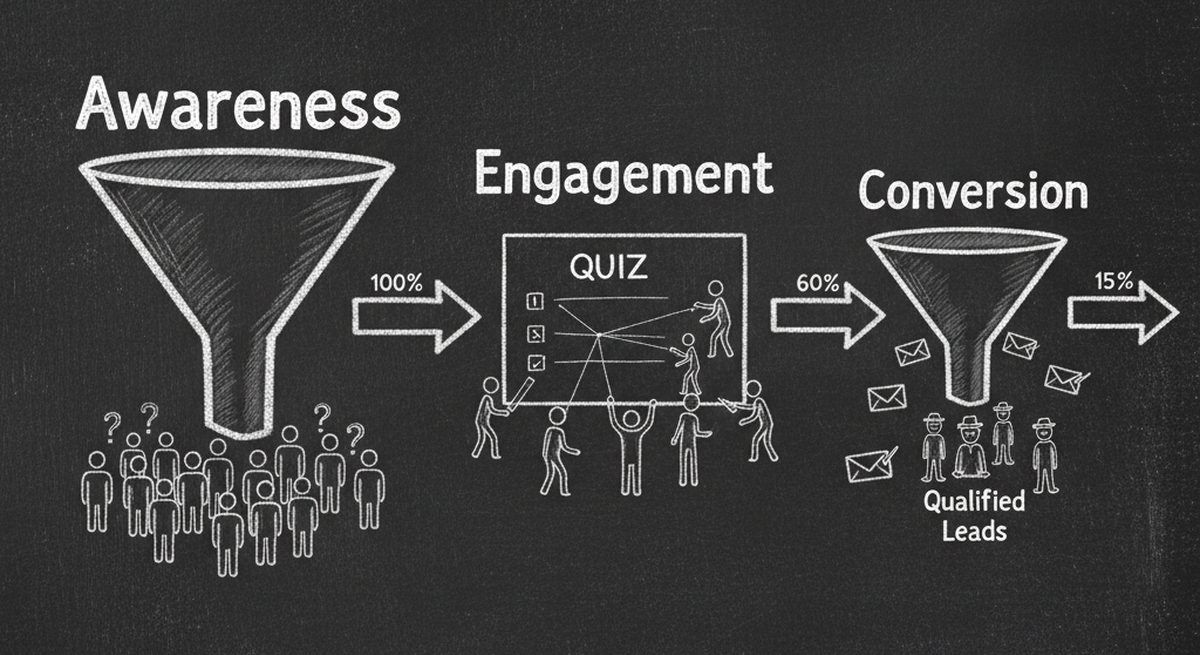 Chalkboard illustration showing quiz marketing funnel with Awareness, Engagement, and Conversion stages