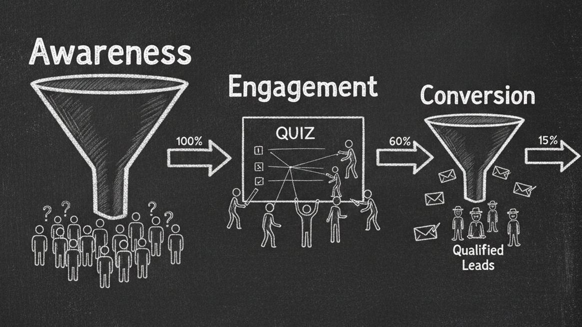 Chalkboard illustration showing quiz marketing funnel with Awareness, Engagement, and Conversion stages