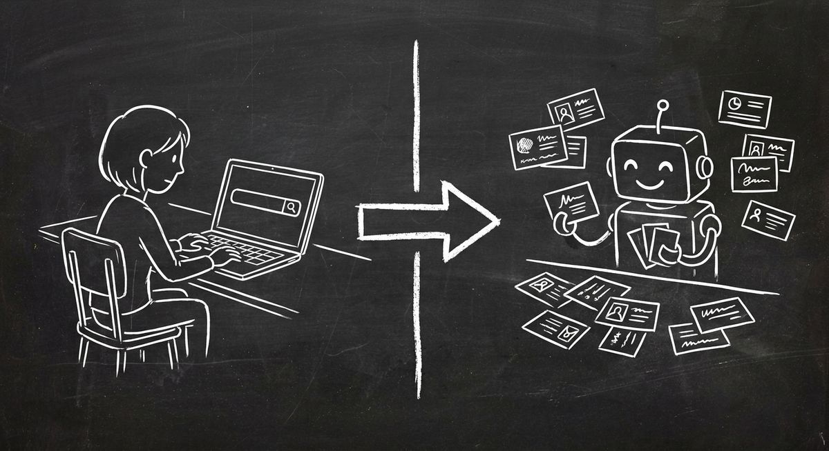 Chalkboard sketch comparing traditional Google search with AI agent powered service discovery