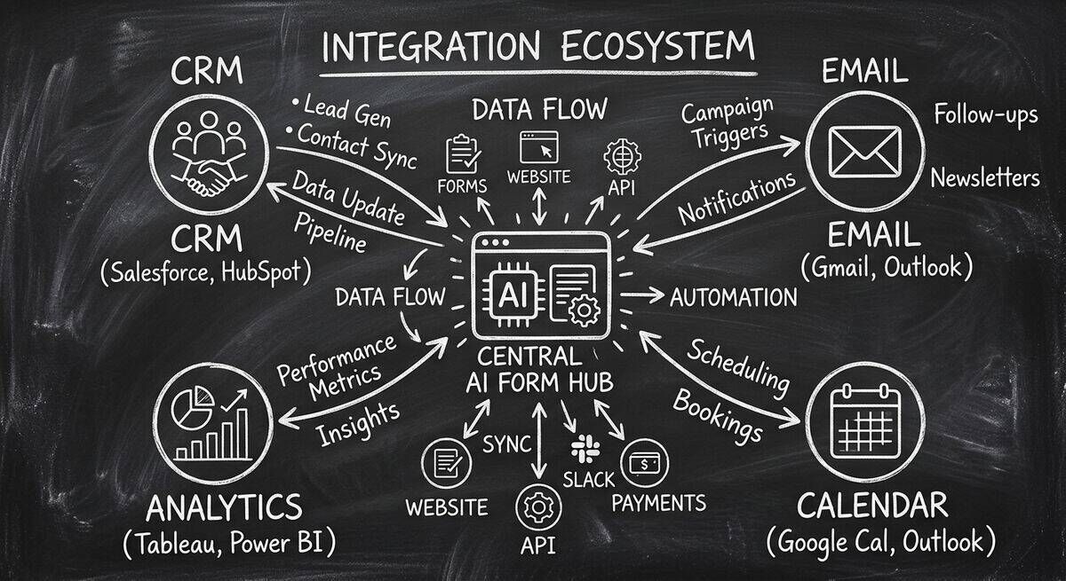 Integration ecosystem showing CRM, email, calendar, and analytics connected to central AI form hub