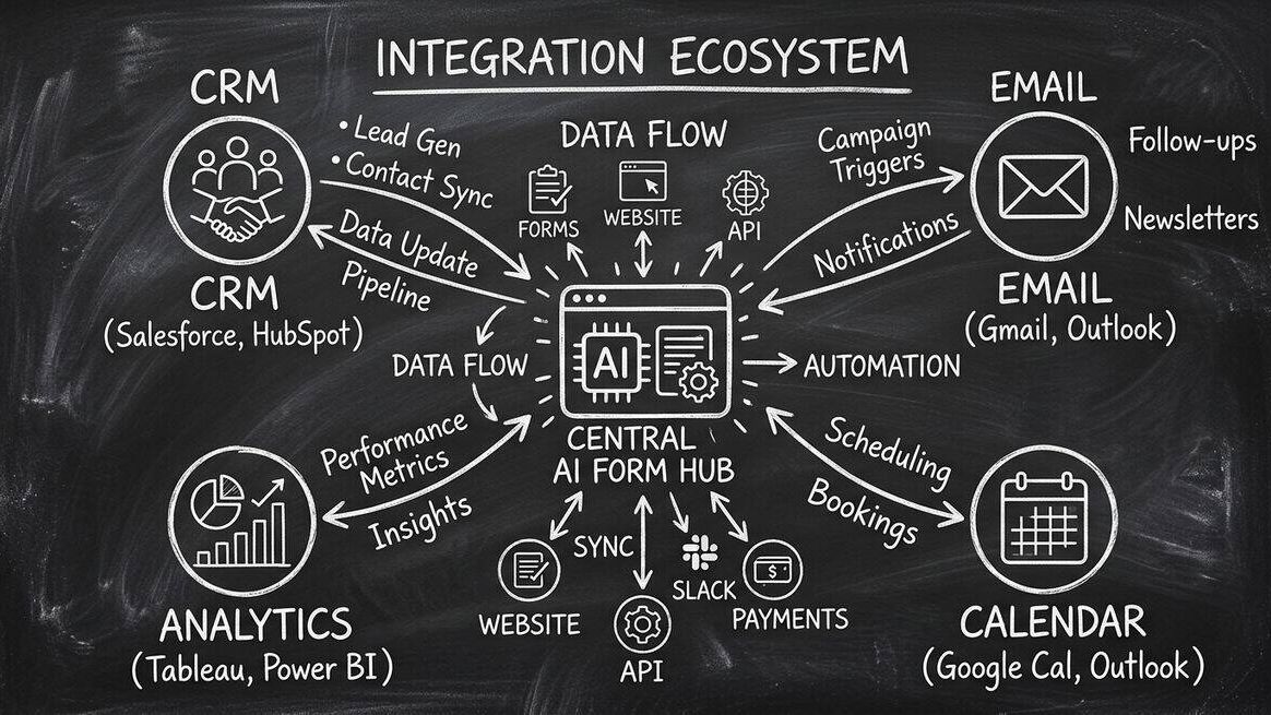 Integration ecosystem showing CRM, email, calendar, and analytics connected to central AI form hub