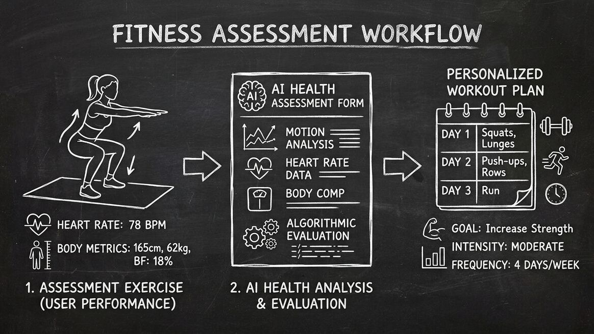 AI fitness assessment workflow showing personalized workout plan generation