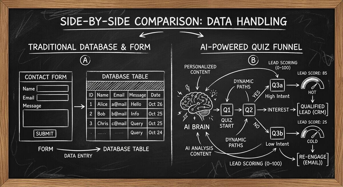 Comparison of database-first form builder versus AI-powered quiz funnel for lead generation
