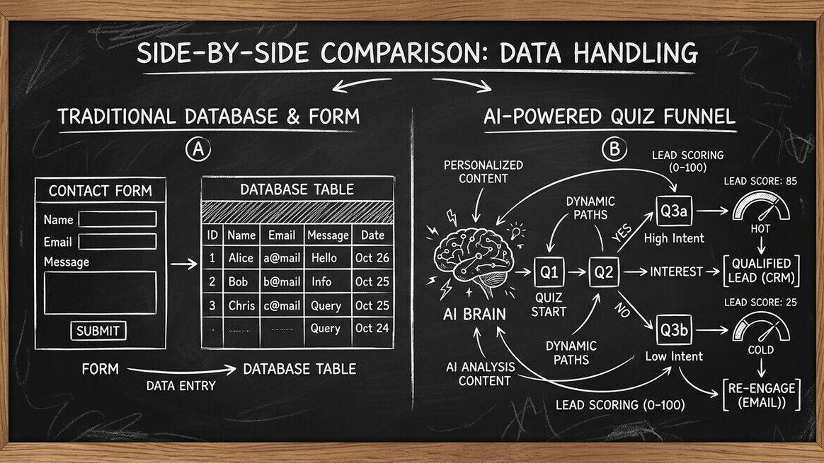 Comparison of database-first form builder versus AI-powered quiz funnel for lead generation