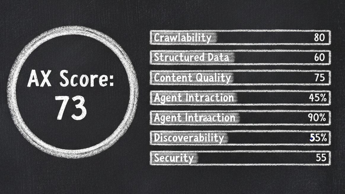 Chalkboard illustration showing AX Audit dashboard with scores for Crawlability, Structured Data, Content Quality, Agent Interaction, Discoverability, and Security