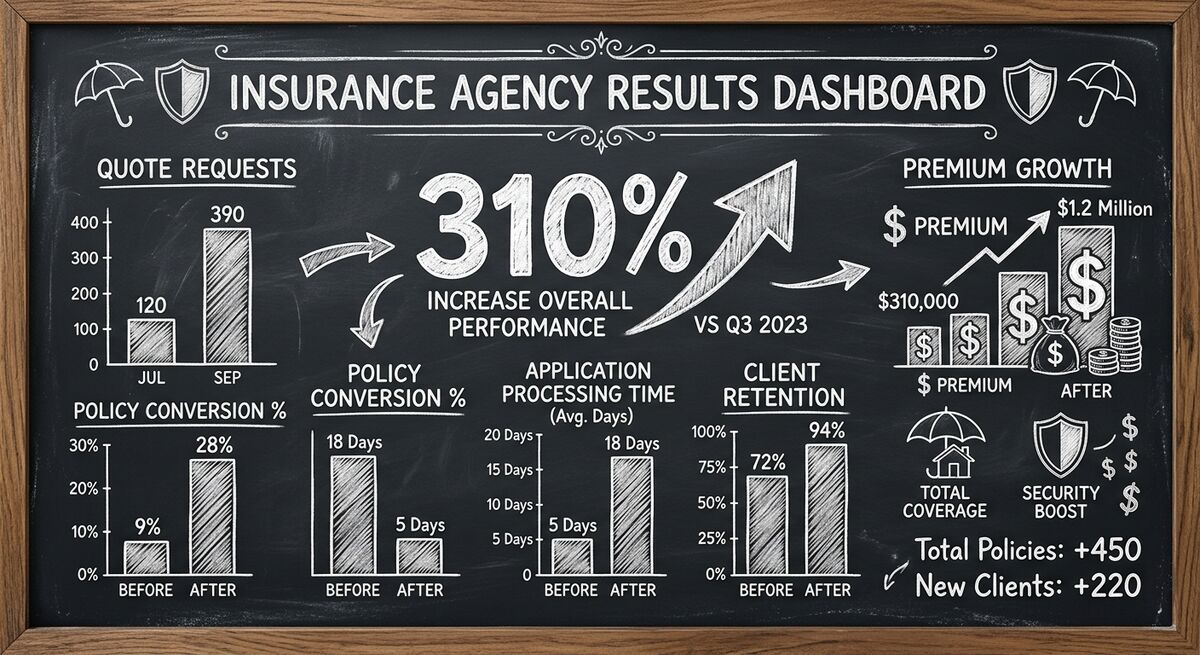 Before and after results dashboard showing Clearpath Insurance Group performance improvements across all key metrics
