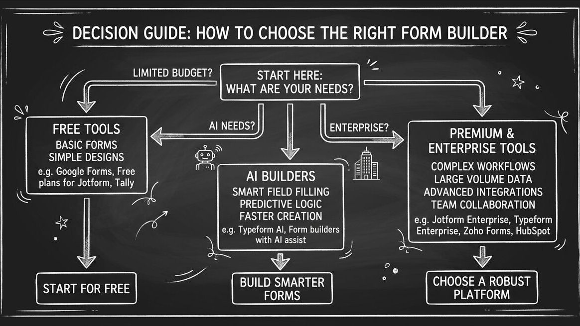Decision tree flowchart for choosing the right form builder based on needs and budget