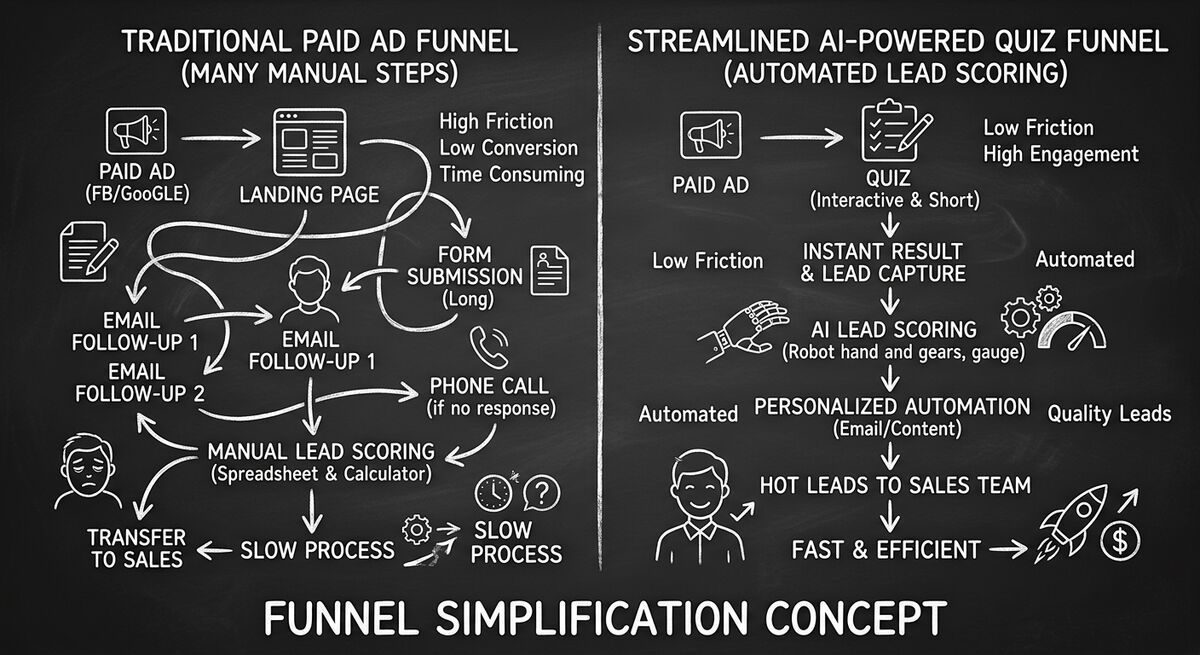 Before-and-after comparison of traditional paid ad funnel versus streamlined AI quiz funnel