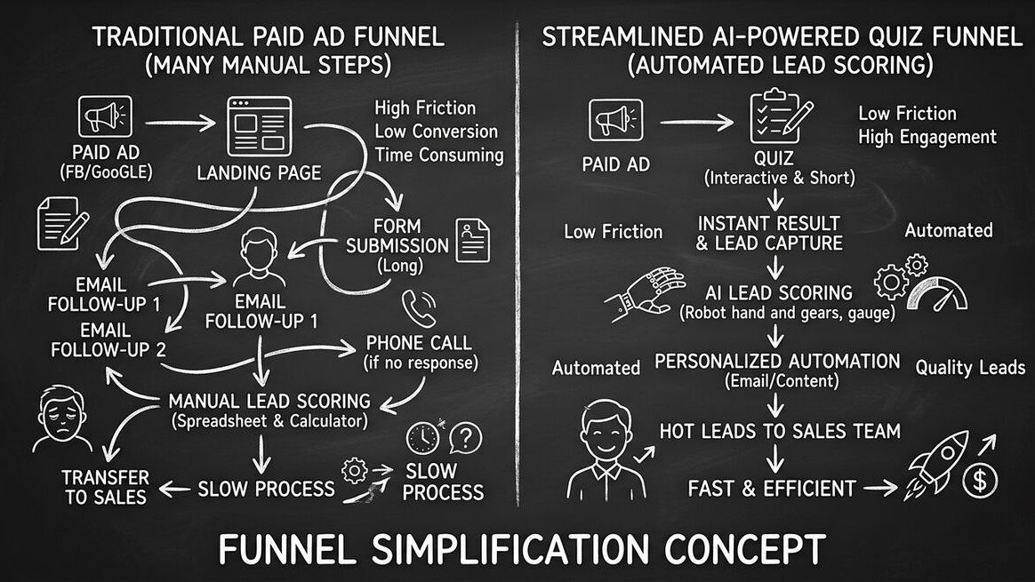 Before-and-after comparison of traditional paid ad funnel versus streamlined AI quiz funnel