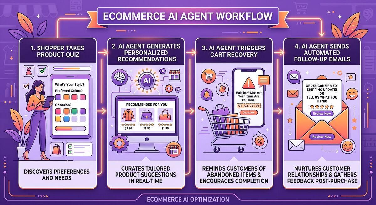 OpenClaw AI agent e-commerce workflow showing product quiz, cart recovery, and personalized follow-ups