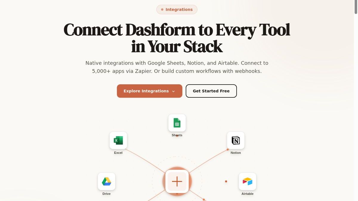 Dashform integrations page showing connections to Google Sheets, Notion, Airtable, Zapier, Slack and more CRM tools