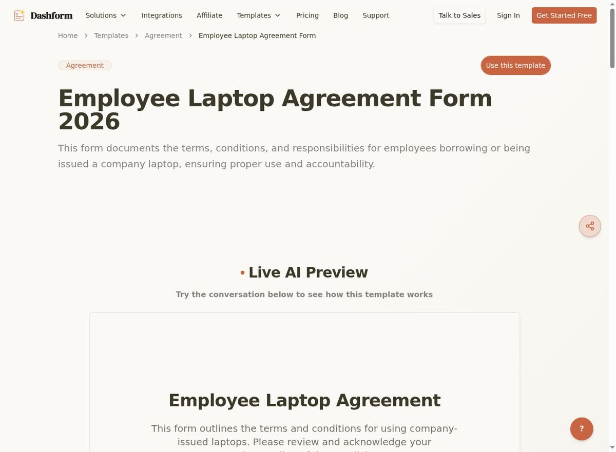 Dashform Equipment Agreement Form template page screenshot
