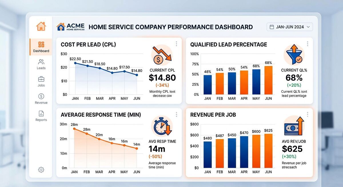 Dashboard showing home service company lead generation improvements with AI quiz funnels
