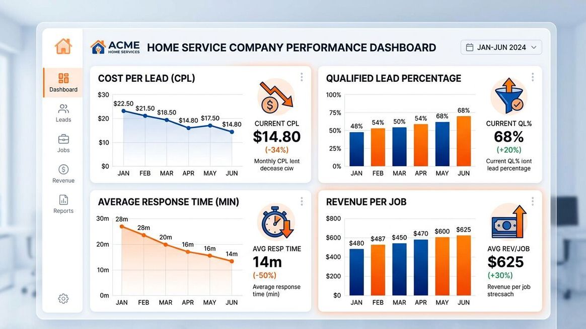 Dashboard showing home service company lead generation improvements with AI quiz funnels