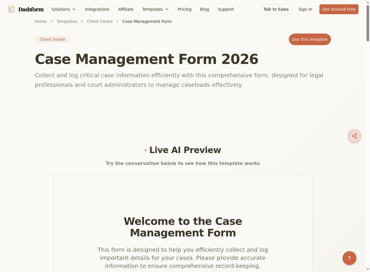 Dashform Case Management Form template page screenshot