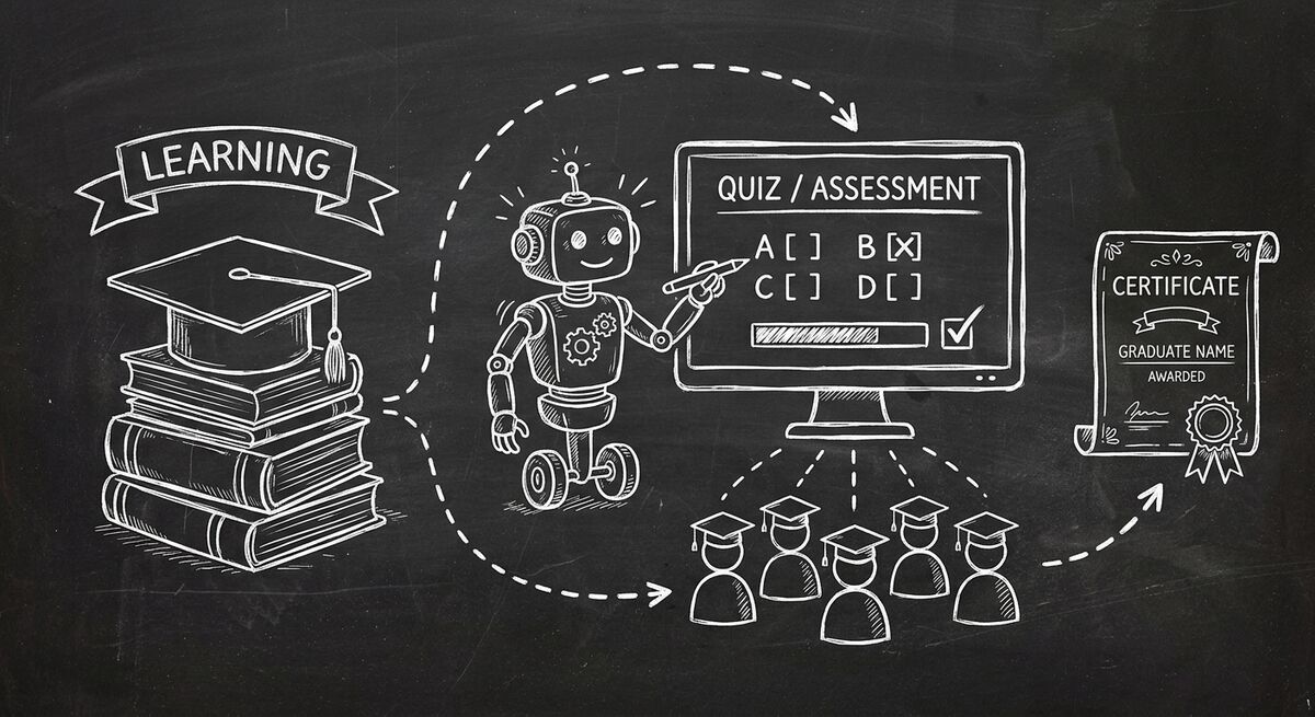 Chalkboard sketch of education AI with OpenClaw agent and Dashform assessment quiz showing graduation cap and learning paths